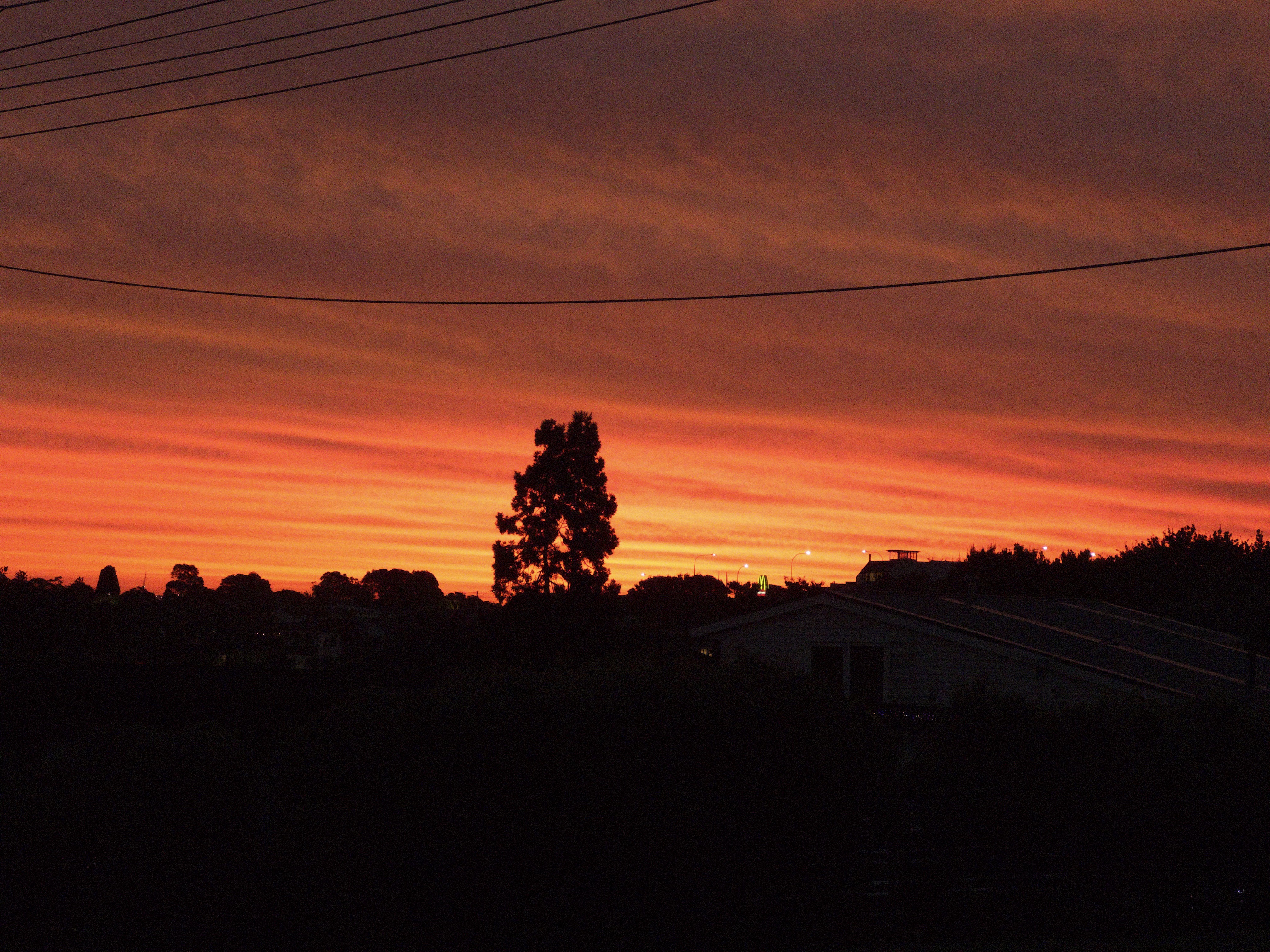 Deep orange sunset sky with silhouetted trees and power lines.