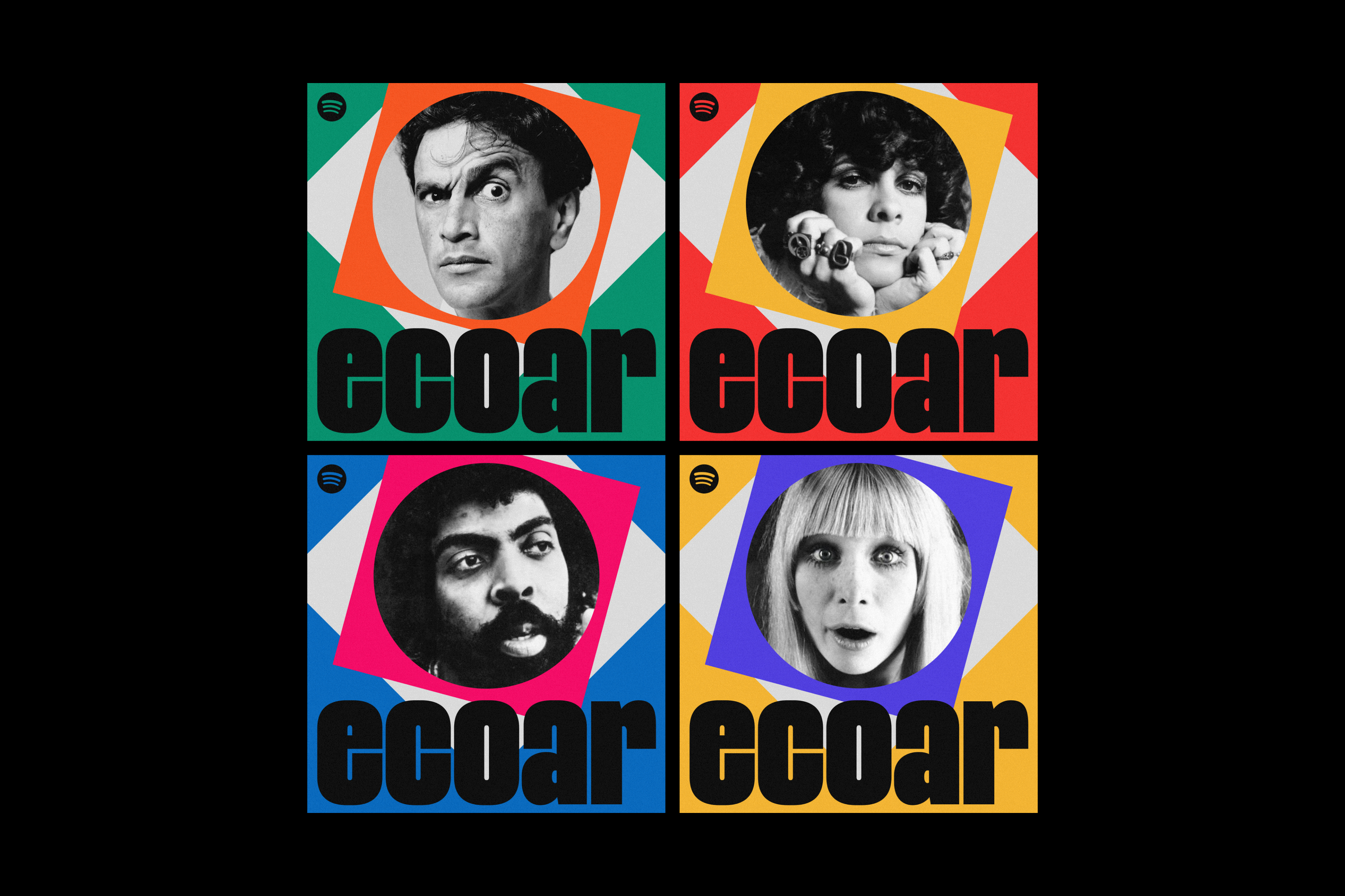 Four Ecoar Spotify playlist covers with Brazilian artists on colorful geometric backgrounds
