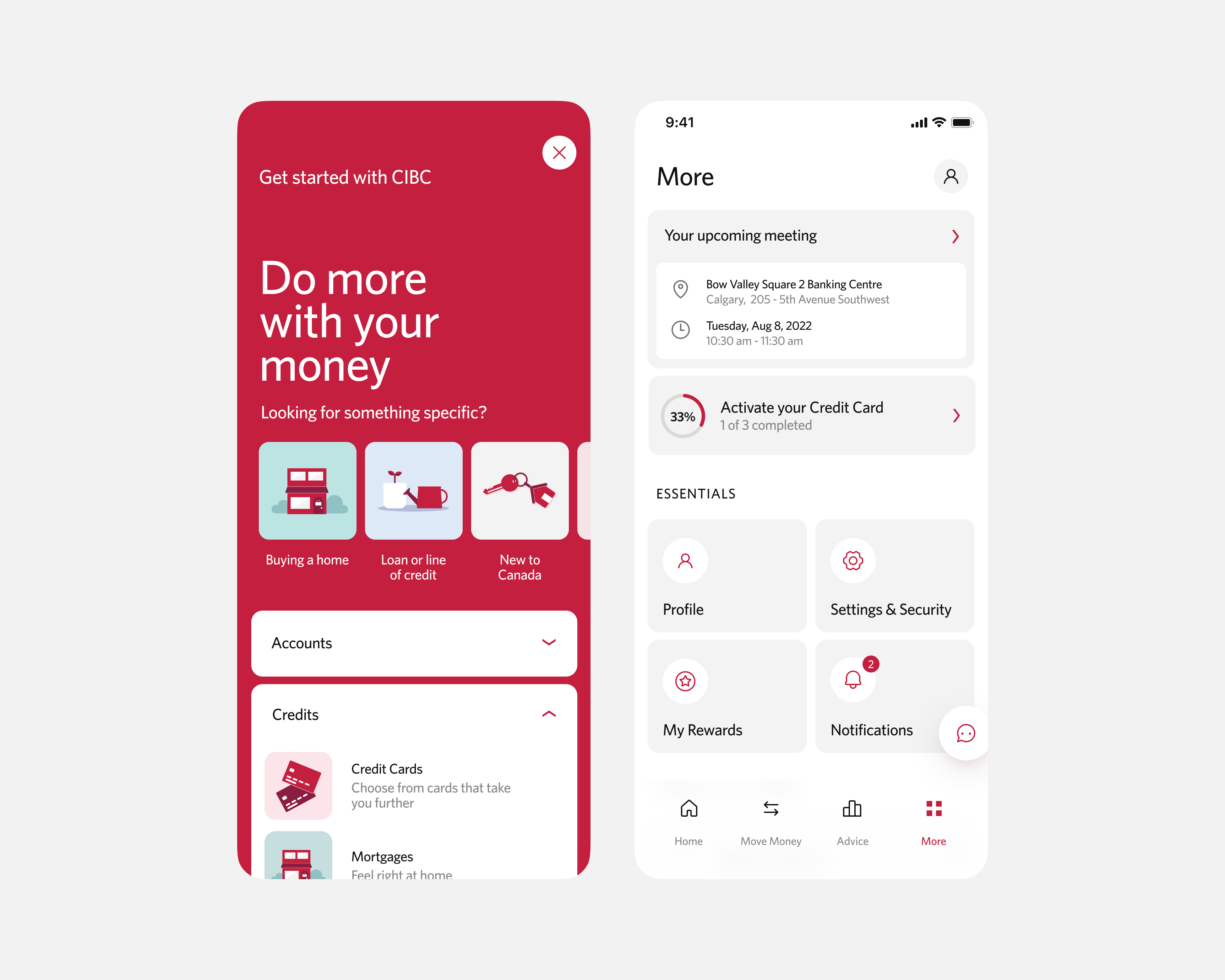 CIBC onboarding and More menu with meetings, rewards, and settings