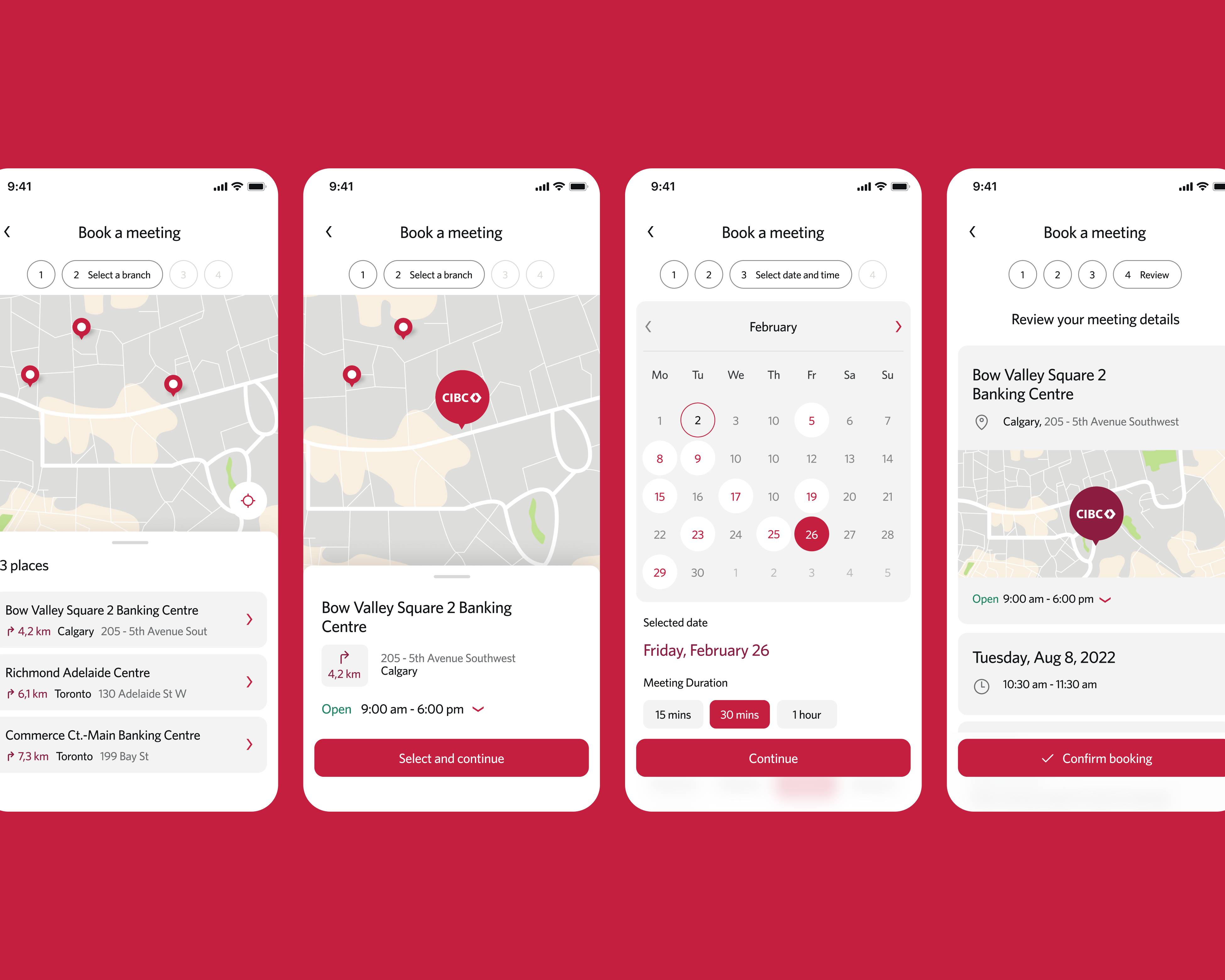 CIBC branch booking flow with map, calendar, and meeting confirmation