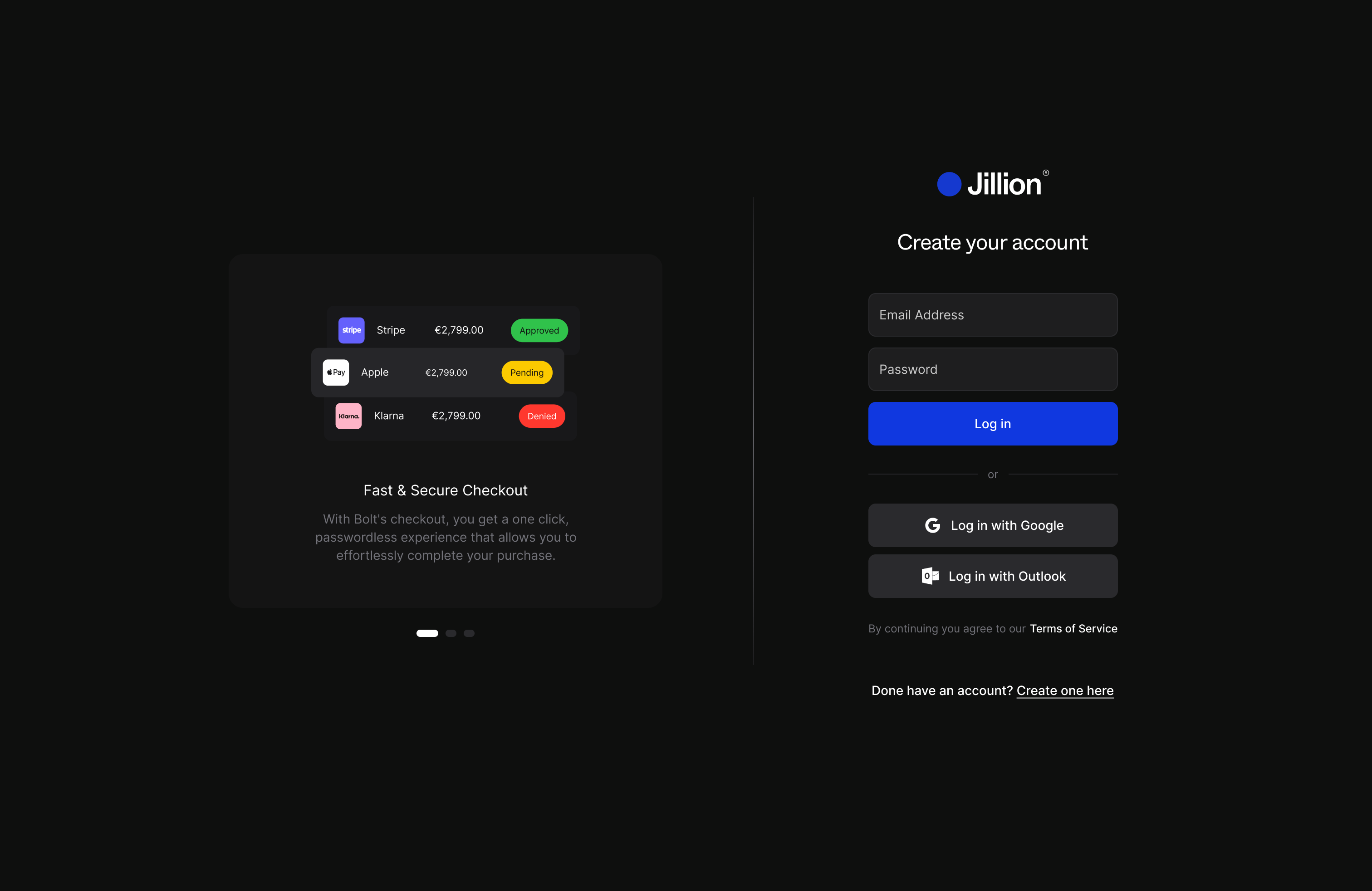 Jillion login screen