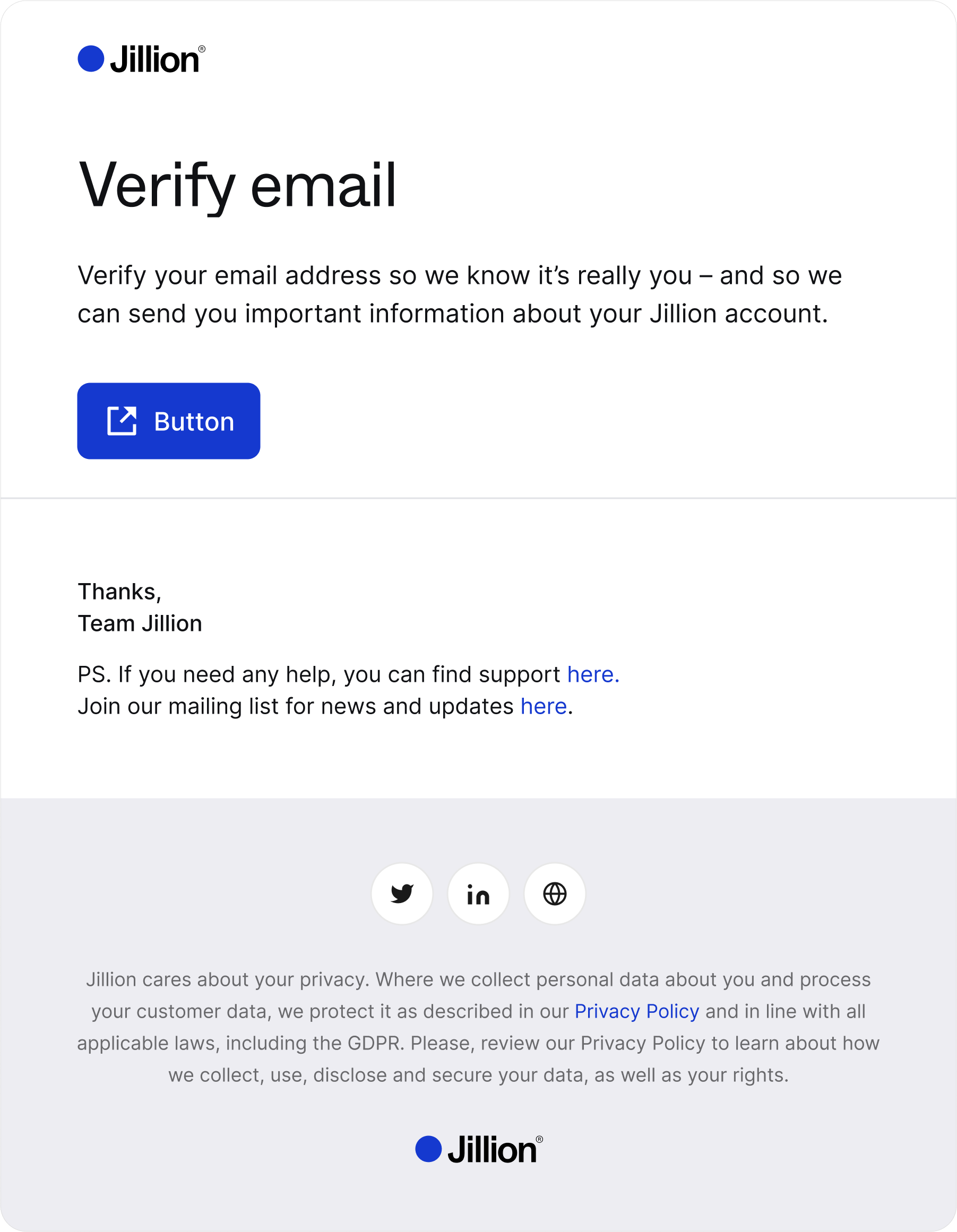 Jillion email verification template with Verify email headline, supporting copy, blue Button, and footer with social icons and privacy notice