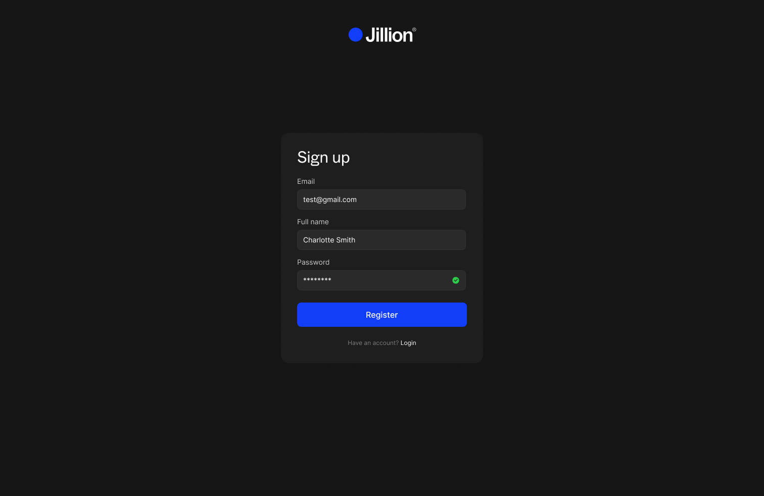 Jillion sign-up form with email, name, and password fields