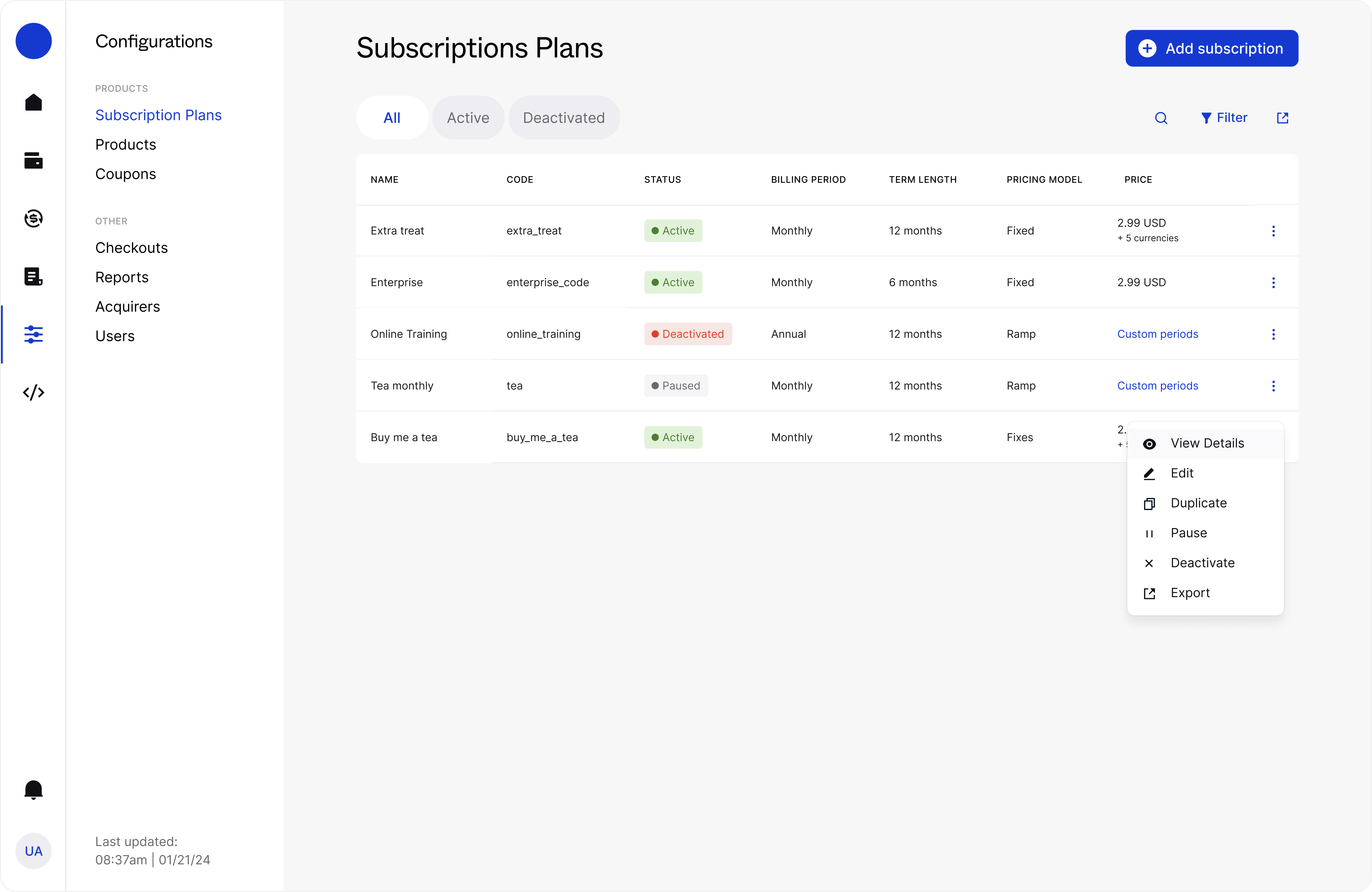 Jillion subscription plans table with status, billing period, pricing model, and a contextual actions menu