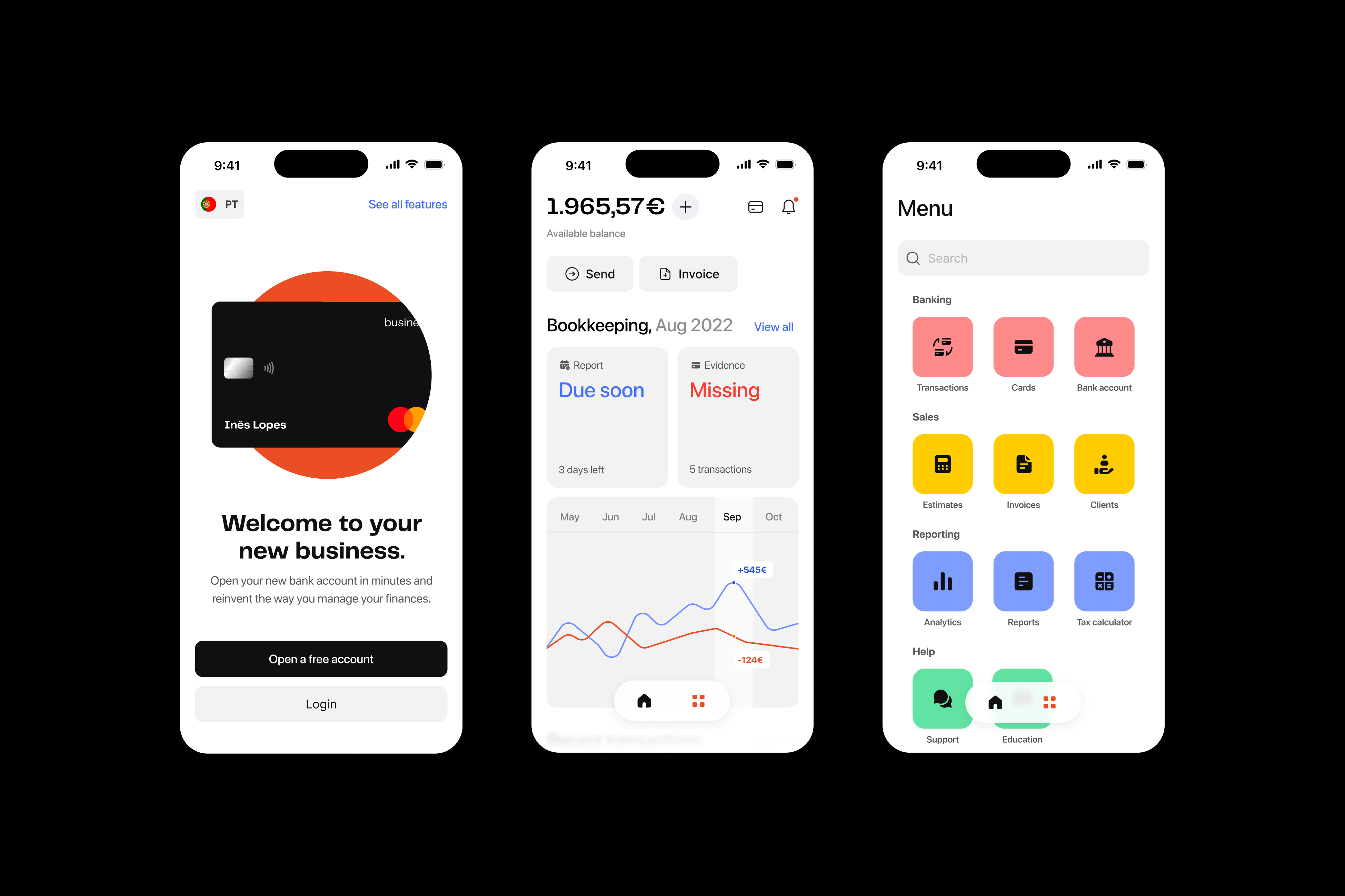 Financial app with business card, bookkeeping dashboard, and menu