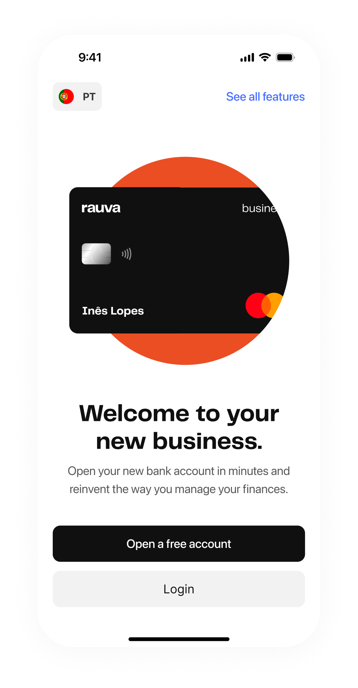 Rauva business banking onboarding screen — Welcome to your new business with Open a free account and Login buttons